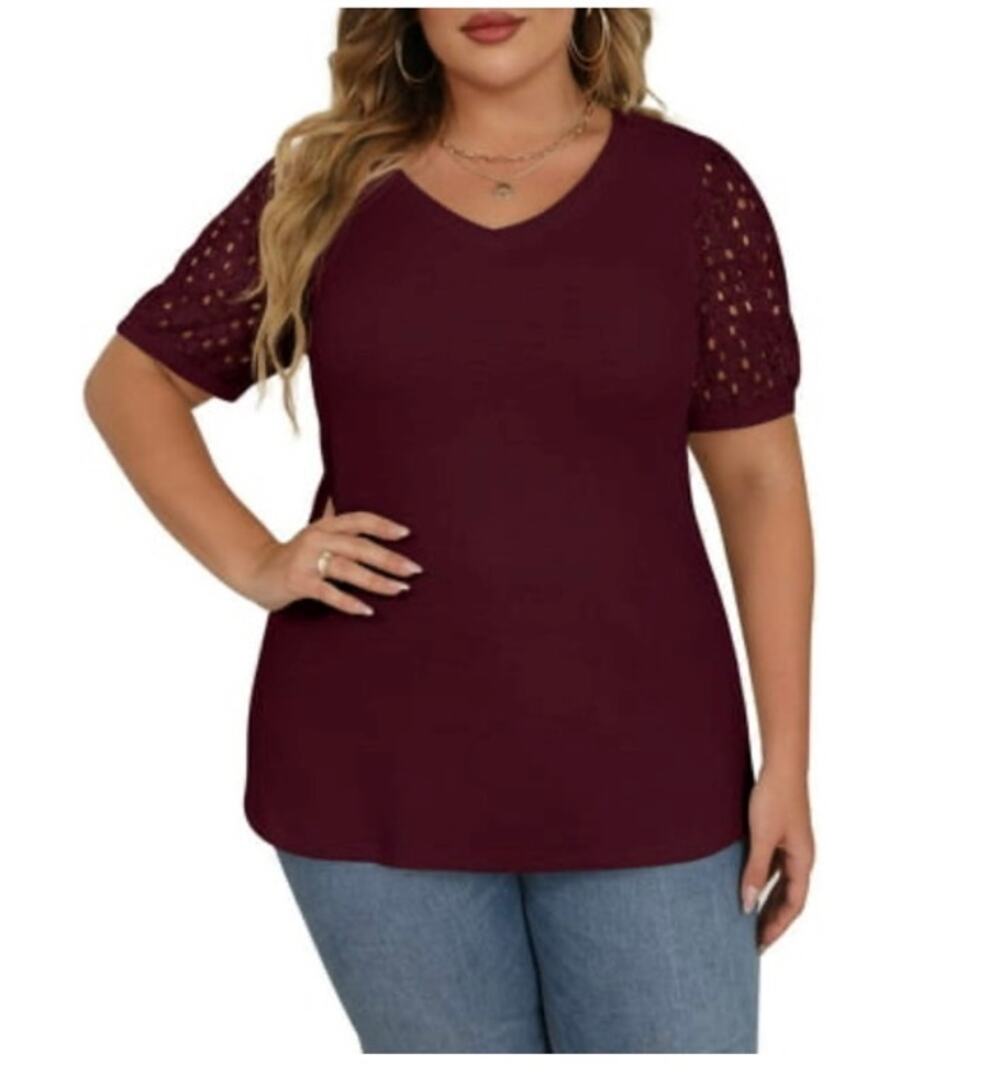 JWD Women’s Plus Size Burgundy Waffle Knit Lace Sleeve Top 1XL
